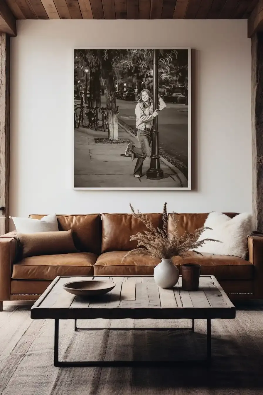 A framed portrait displayed above a white fireplace mantel