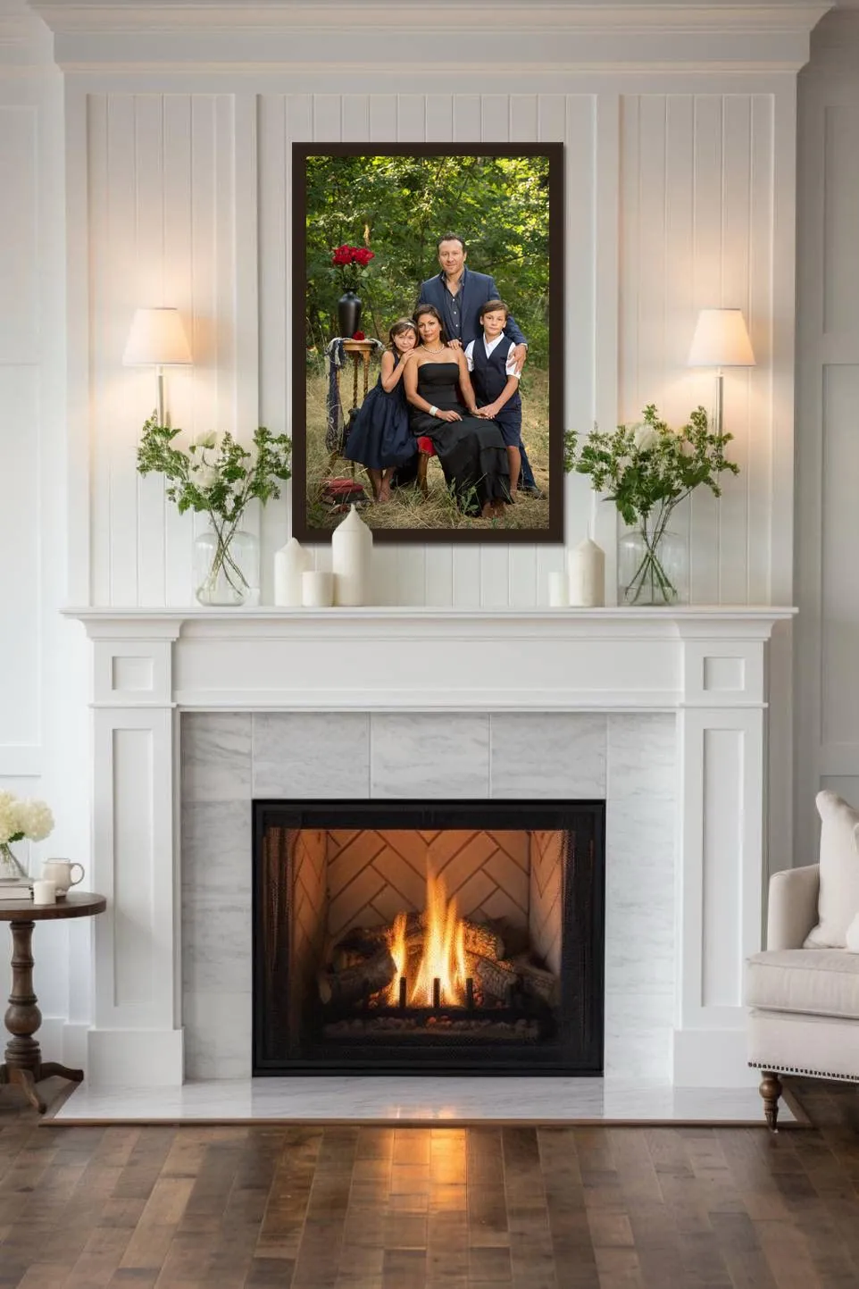 A framed portrait displayed above a white fireplace mantel